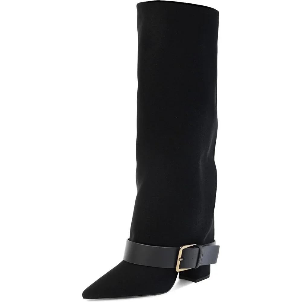 Women's Black Suede Knee High Boots Fold Over High Heel Belt Buckle Fall Long